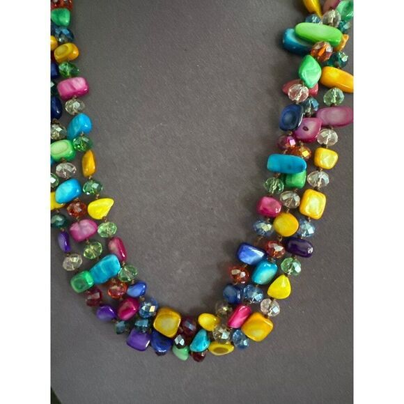 Multicolor Beaded Statement Necklace 3-Strand Design With Adjustable Chain For W - Picture 2 of 3